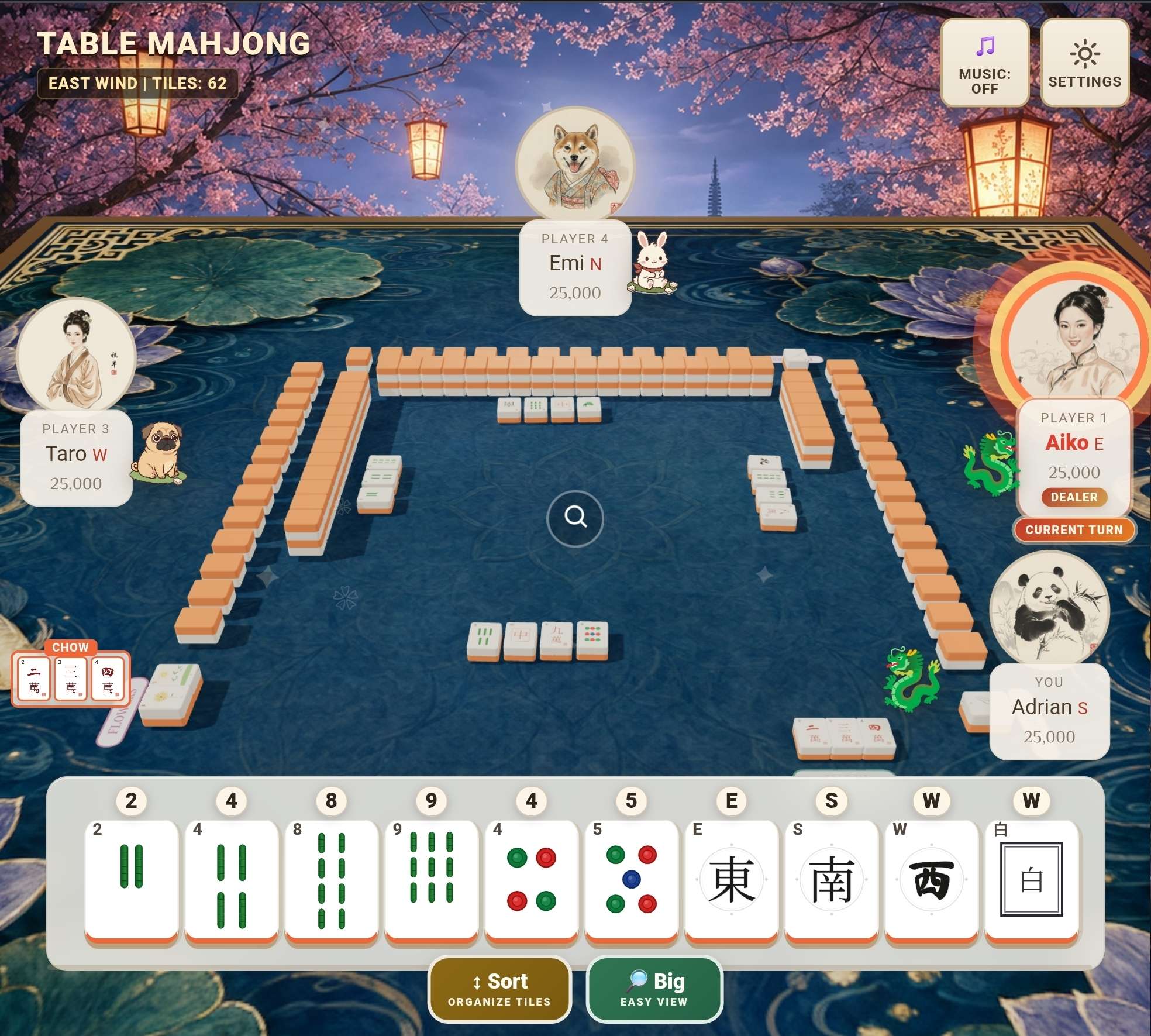 A real online Table Mahjong game with four player seats, visible tiles, discards, and browser controls.